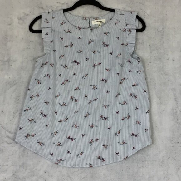 Monteau Los Angeles Top Sz Small Bird Pattern Pleated Cap Sleeve Keyhole Back - Picture 10 of 10